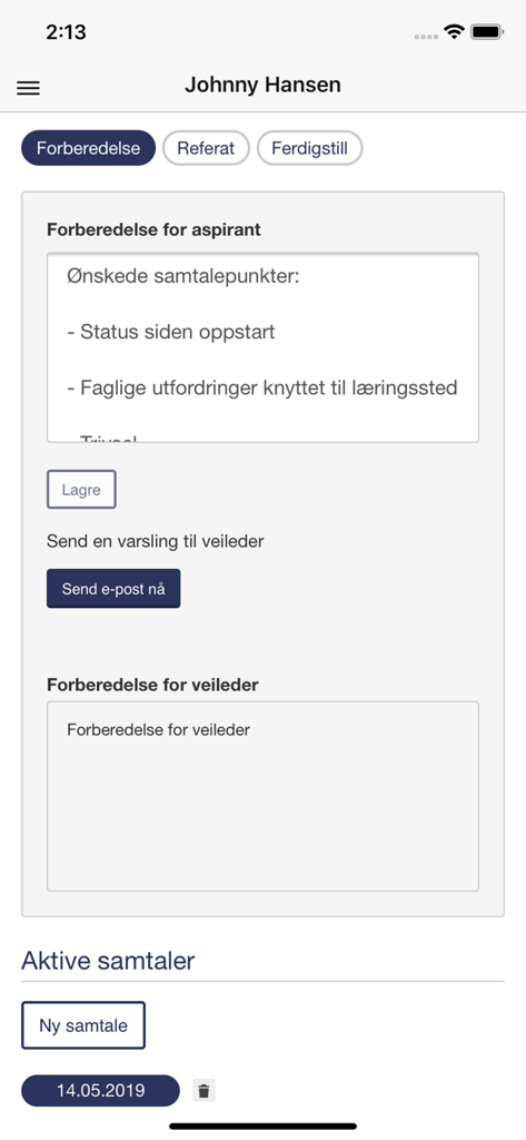 Dossier Helse - Oberfläche der Dossier Helse App, die den Vorbereitungsbildschirm für ein Betreuungsgespräch während der medizinischen Ausbildung mit Notizfeldern und einer Schaltfläche zur Benachrichtigung eines Betreuers zeigt.