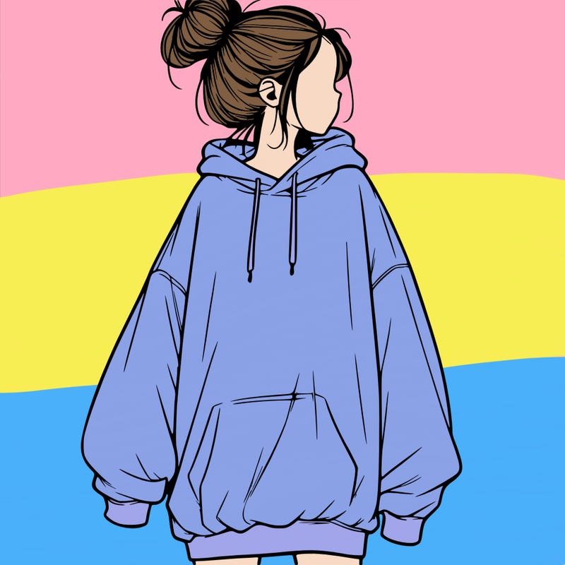 realistic girl with a oversized sweatshirt on and a bun