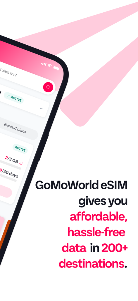 GoMoWorld eSIM mobile app interface promoting affordable international travel data across 200 plus destinations