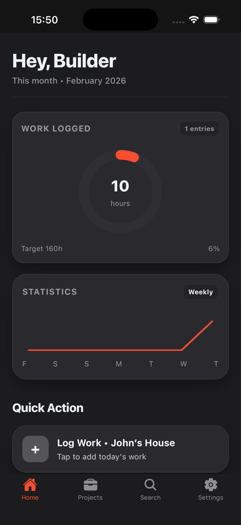 Workfolio - Work Track - Workfolio home screen showing hours logged and work statistics