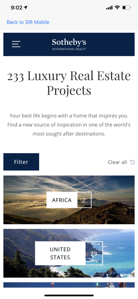 Sotheby's International Realty - Sotheby's International Realty mobile app displaying luxury real estate projects by global location.