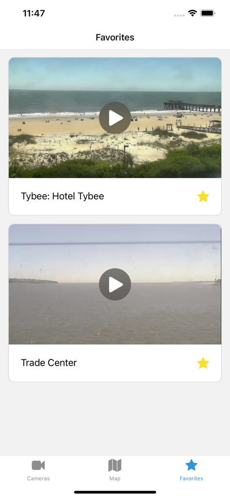 Savannah Cams - Live Views - Savannah Cams app favorites screen showing live views of Tybee Island beach and the Trade Center.