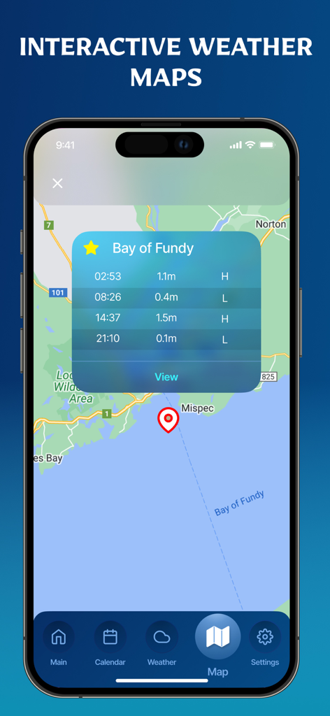 Weather Forecast & Tides Radar - Interactive marine weather map showing tide times and heights for Bay of Fundy