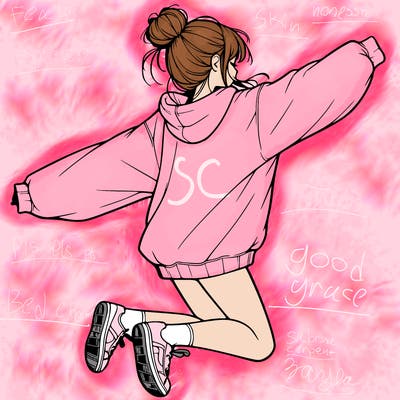 realistic girl jumping with a bun and oversized sweatshirt