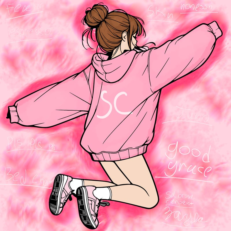 realistic girl jumping with a bun and oversized sweatshirt