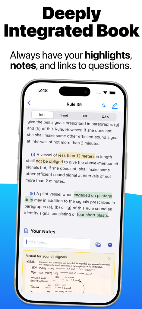 Neptune: Navigation Rules - Screenshot of the Neptune app showing the integrated maritime navigation rulebook with custom highlights and study notes.