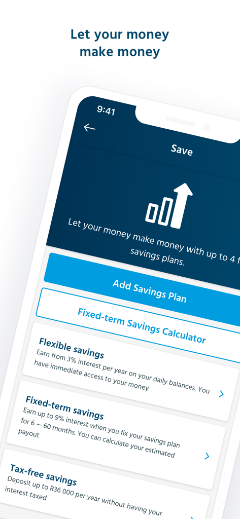 The savings interface of the Capitec Bank app showing flexible, fixed-term, and tax-free savings plans.