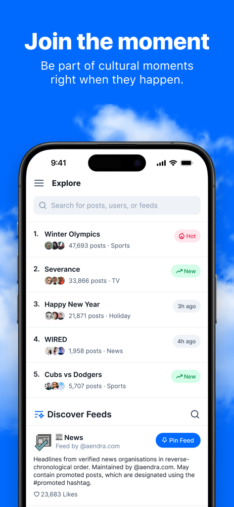 L'écran Explorer de l'application Bluesky Social présentant les moments culturels tendances et les fils d'actualités de la communauté.
