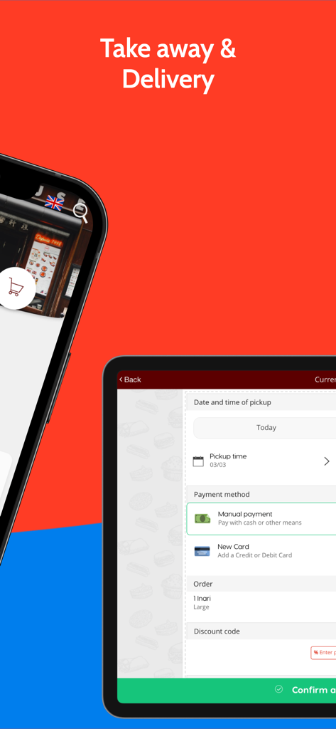 Waitry: Digital Restaurants - Interfaz de la aplicación Waitry en móvil y tablet que muestra pantallas de pago para llevar y entrega a domicilio