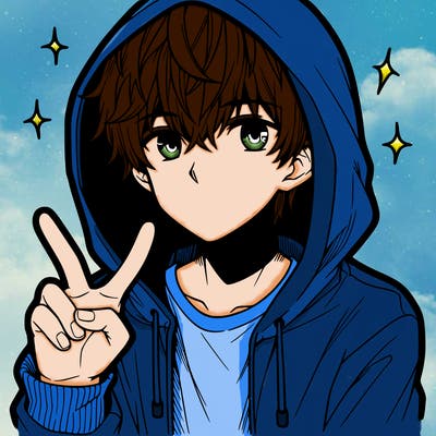 teenage manga boy in a hoodie, doing ✌