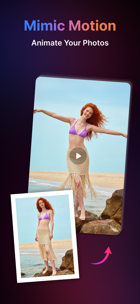 Pollo AIアプリインターフェース。ビーチにいる女性の写真にアニメーションを付けるMimic Motion機能を表示している。