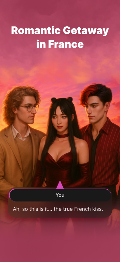 Tres personajes en una escena de novela visual romántica titulada 'Escapada Romántica en Francia'