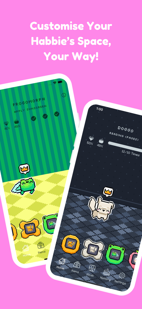 Habbie: Habit Tracker & Pet - Two mobile screens from the Habbie app showing customisable pixel art pet rooms for a frog and a dog character.