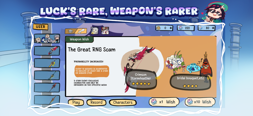 Wacky Wisher: Silly Genshin - Una pantalla de deseos de armas parodia en la aplicación Wacky Wisher titulada La Gran Estafa RNG con armas tontas dibujadas a mano