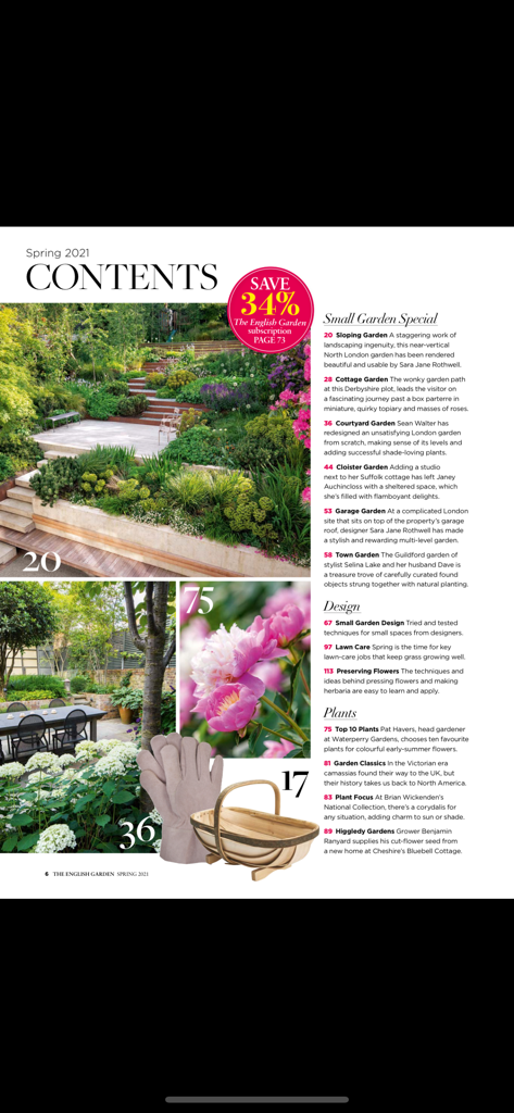 The English Garden Magazine - Table of contents page for The English Garden Magazine app featuring gardening articles and photography
