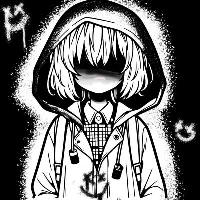 little anime girl in a raincoat her hair is covering her eyes she has a lighter