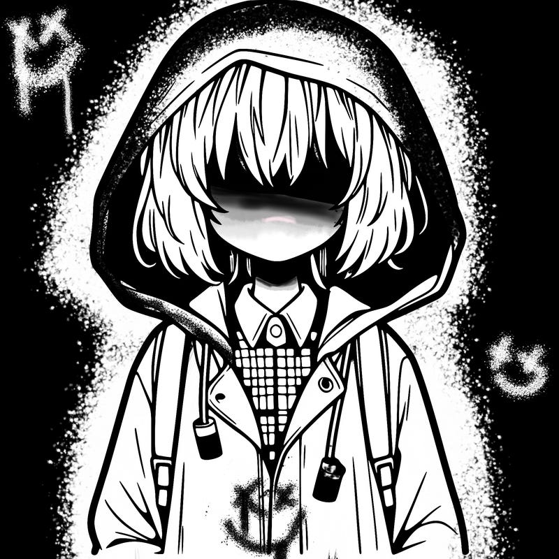 little anime girl in a raincoat her hair is covering her eyes she has a lighter