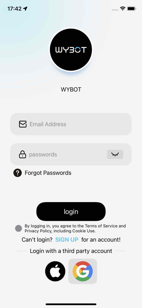 WYBOT - Login screen for the WYBOT pool cleaning robot app showing email and password fields.