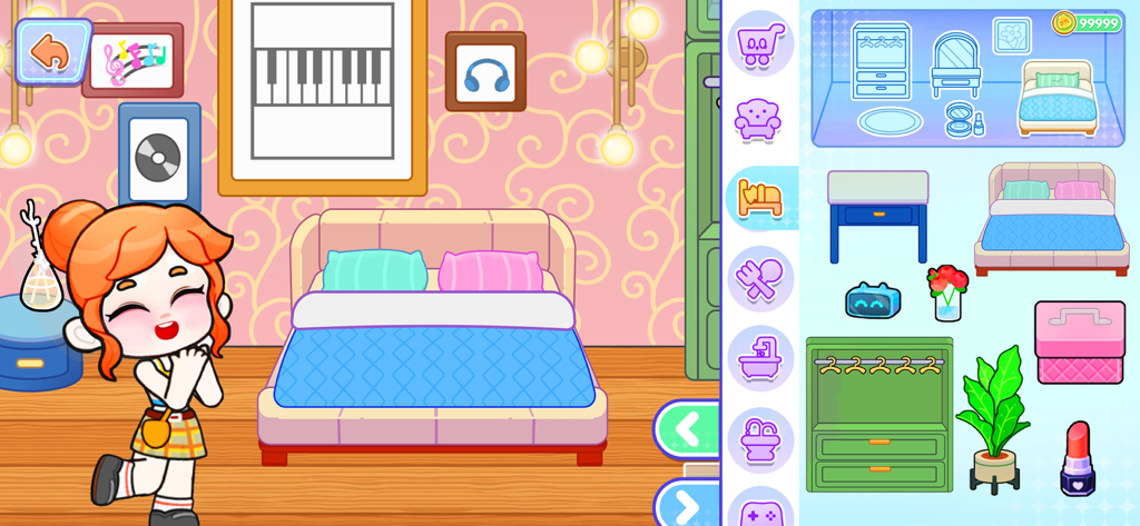 Game World: Life Story - A cute girl character posing in a customized bedroom with a furniture selection menu in the Game World Life Story app.