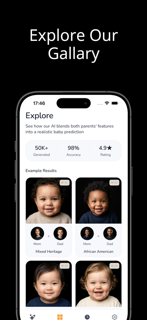 AI Baby Face Generator - Labs - Interfaz de la aplicación Generador de Caras de Bebé IA que muestra una galería de predicciones realistas de caras de bebés para diferentes etnias