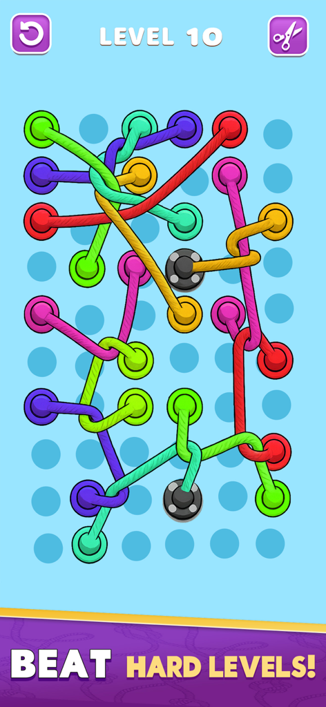 Untangle Twisted Rope Game - A level from Untangle Twisted Rope Game showing tangled colorful ropes on a peg grid