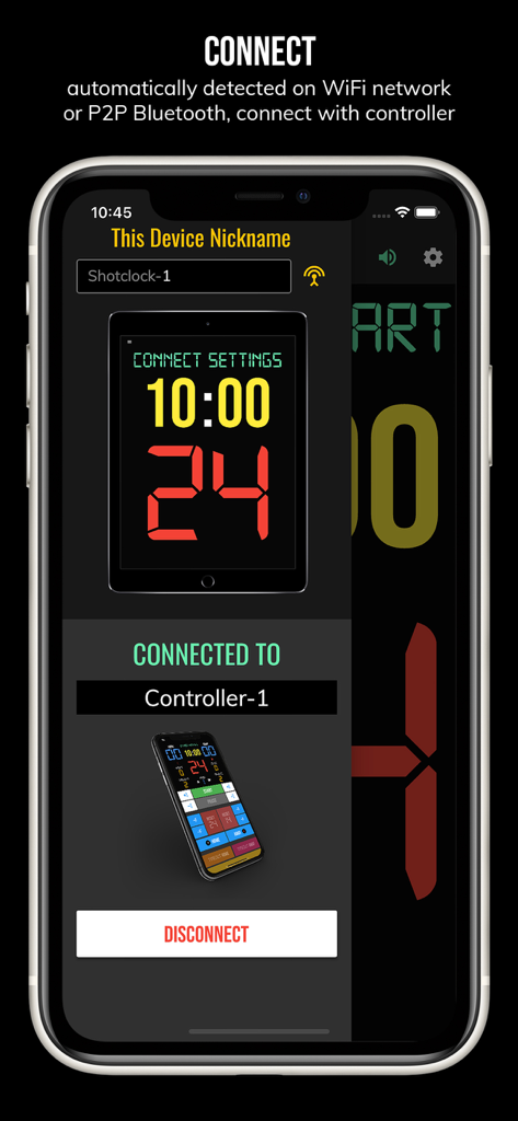 BT Basketball Shotclock - Connection screen for the BT Basketball Shotclock app showing a paired remote controller device via WiFi or Bluetooth