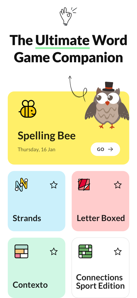 Wordfinder by WordTips - The home screen of the Wordfinder app featuring daily solvers for Spelling Bee, Strands, and Letter Boxed word games.