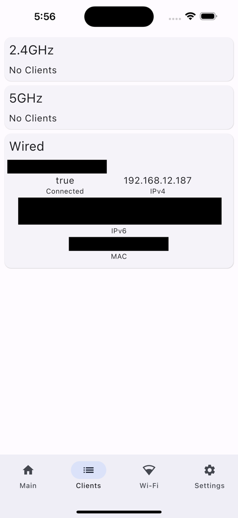 연결된 클라이언트 목록을 보여주는 HINT Control 앱 인터페이스, 주파수 및 유선 연결 상태별로 정렬