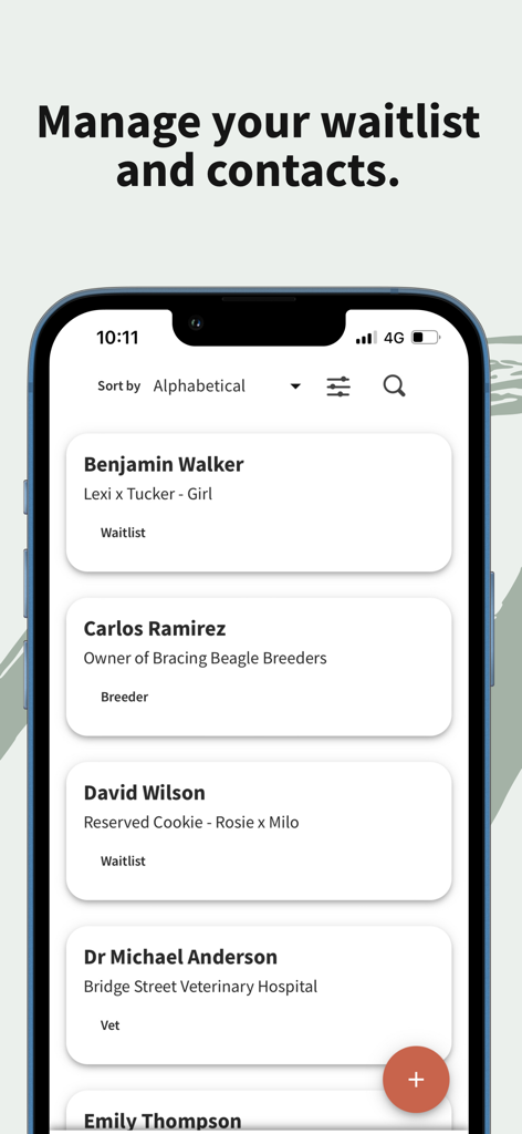 Breedera - Dog Breeder App - Waitlist and contacts management interface in the Breedera dog breeder app