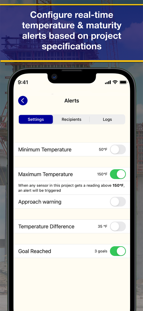 COMMAND Center™ Concrete 4 - Interface for configuring real-time temperature and maturity alerts for concrete projects in the COMMAND Center app.