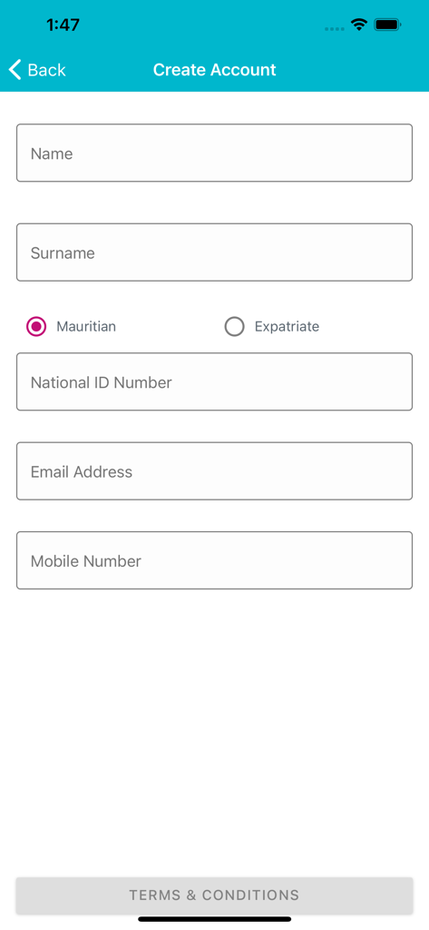 Mobile app screen for creating a mySWAN account with fields for name identification and contact details