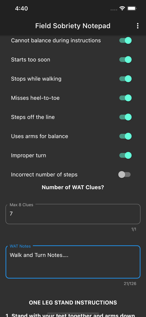 SFST Field Notepad - SFST Field Notepad app interface showing toggles for recording Walk and Turn test clues