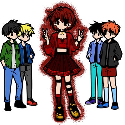 a full-length manga girl in a skirt and a crop top with short hair and boys looking at her closely