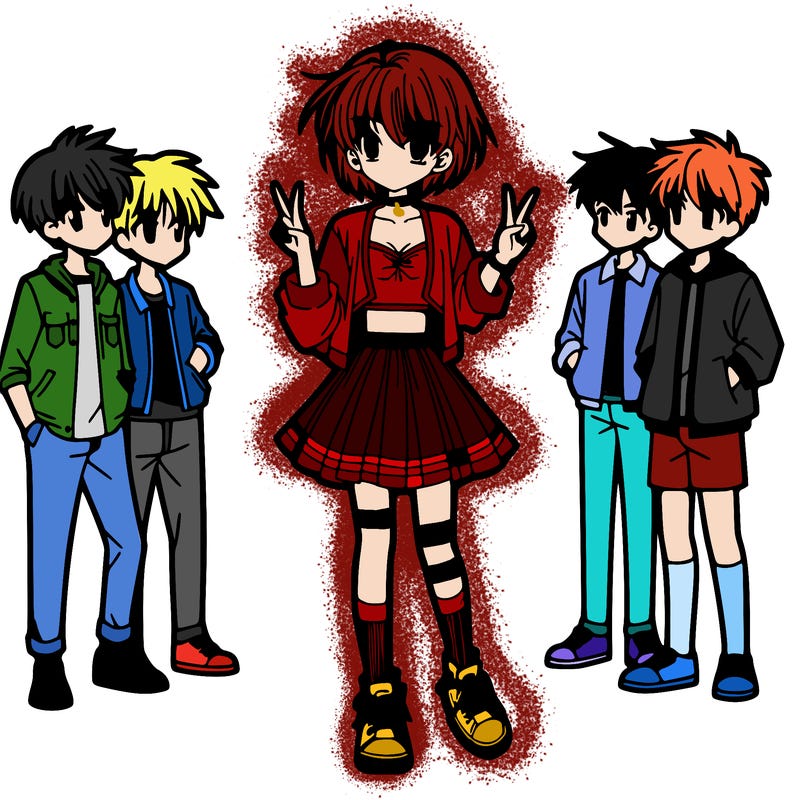 a full-length manga girl in a skirt and a crop top with short hair and boys looking at her closely