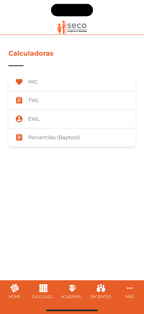 Pantalla de calculadoras quirúrgicas en la aplicación móvil SECO con herramientas IMC, TWL y EWL