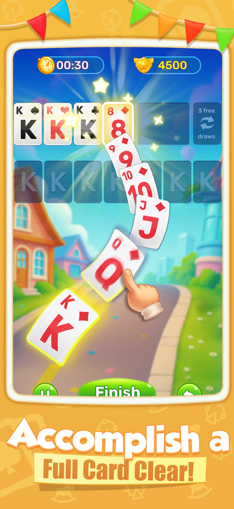 Solitaire Bounty:Win Real Cash - A gameplay screen of Solitaire Bounty showing a player clearing a sequence of diamond cards in a colorful carnival themed environment.