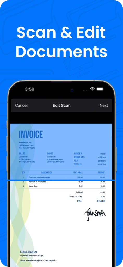 Smart Printer・Print & Scan - Una pantalla de iPhone que muestra la función de escanear y editar documentos con una factura digital siendo procesada.