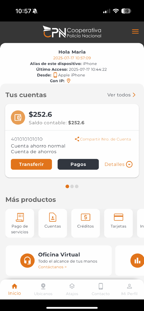 CPN Móvil - Main dashboard of the CPN Movil banking app displaying account balance and financial services