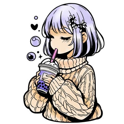manga girl drinking boba in cozy sweater