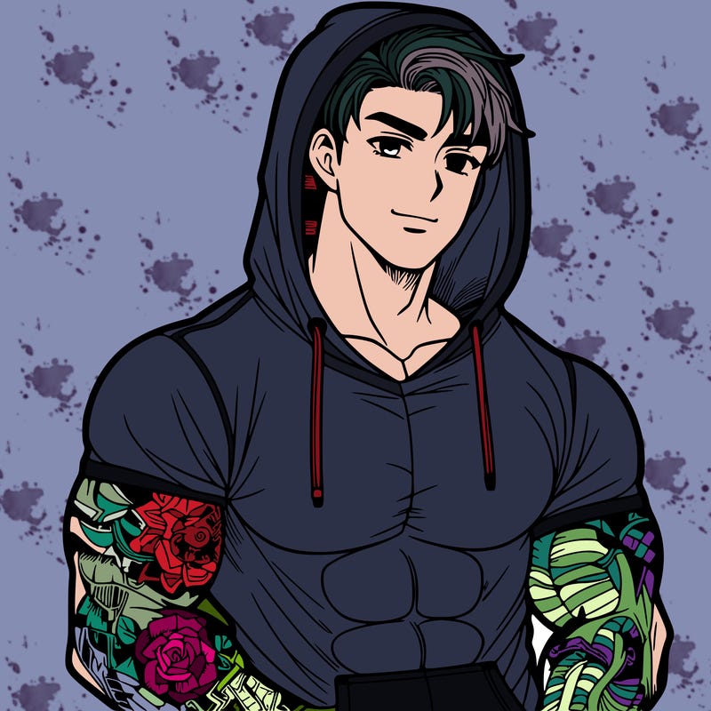 handsome muscular guy with hoodie anime tattoos