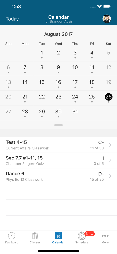 PowerSchool Mobile - PowerSchool Mobile app calendar interface showing a student's assignments and grades for August