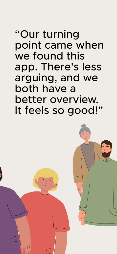 Co-parenting - Une citation de témoignage d'un utilisateur de l'application de coparentalité avec des illustrations familiales.