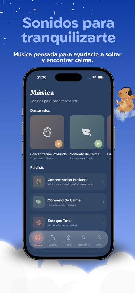 Tranqui - Bienestar Emocional - Interface of the Tranqui app showing music playlists for relaxation and deep concentration in Spanish