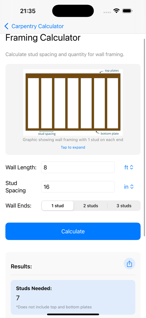 Carpentry & Trim Calculator - Framing calculator interface showing wall stud spacing and quantity calculation for a 8 foot wall