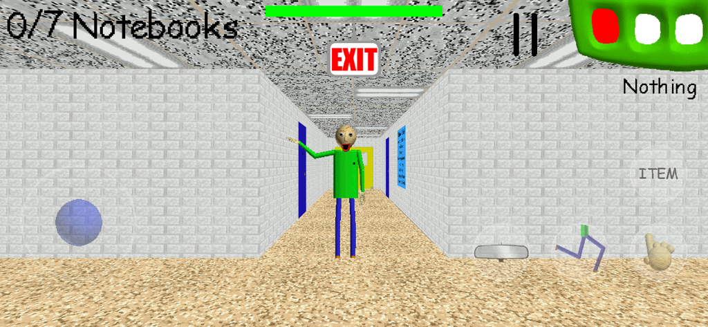 Baldi the teacher character standing in a school hallway in the game Baldis Basics Classic.