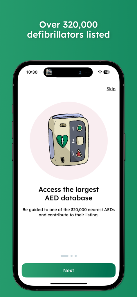Onboarding screen of the Staying Alive app showing an AED illustration and information about its database of defibrillators