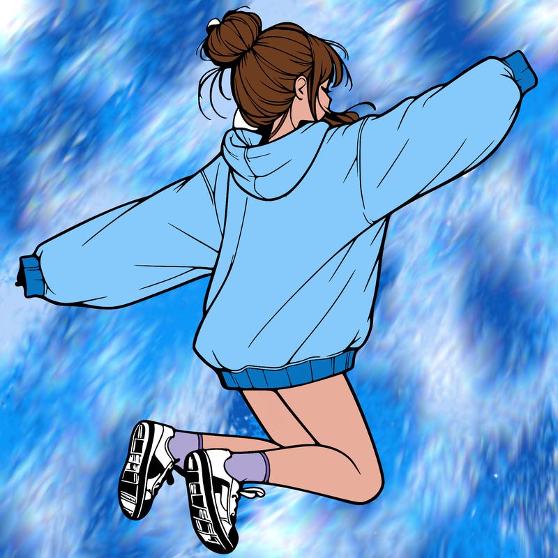 realistic girl jumping with a bun and oversized sweatshirt