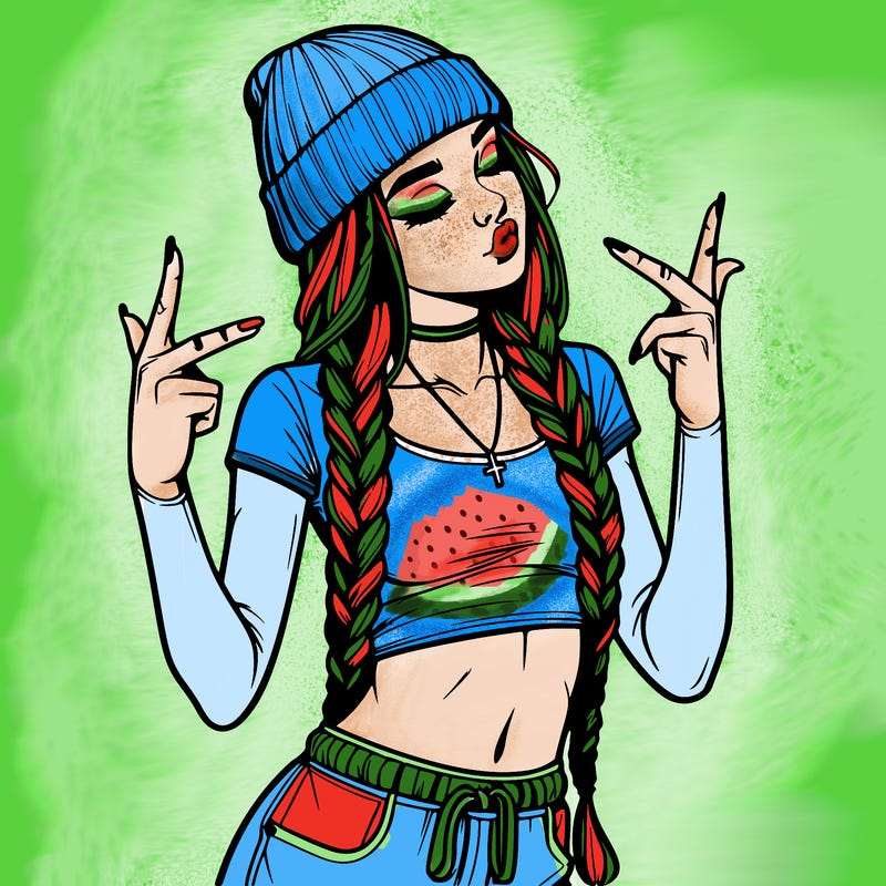 realistic teenage girl with braids and a beanie and crop top doing 🫶🏼