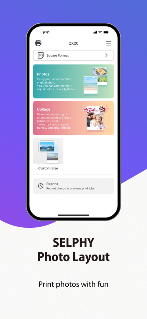 SELPHY Photo Layout - Startbildschirm der Canon SELPHY Photo Layout App mit Optionen zum Drucken von Fotos und Collagen.