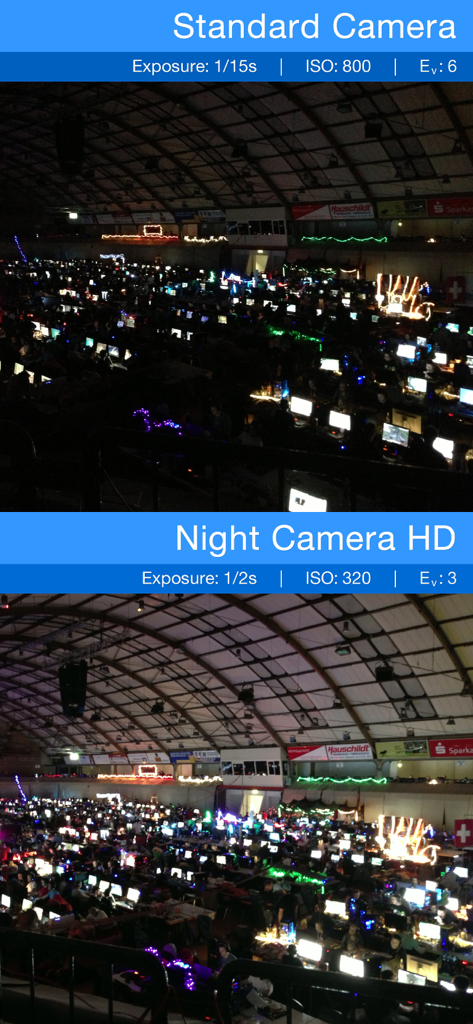 Comparación lado a lado que muestra la diferencia en brillo y detalle entre una cámara estándar y Night Camera HD en un pasillo interior con poca luz.